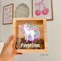 Personalized Unicorn Money Box: Engraved Oak Baby Keepsake