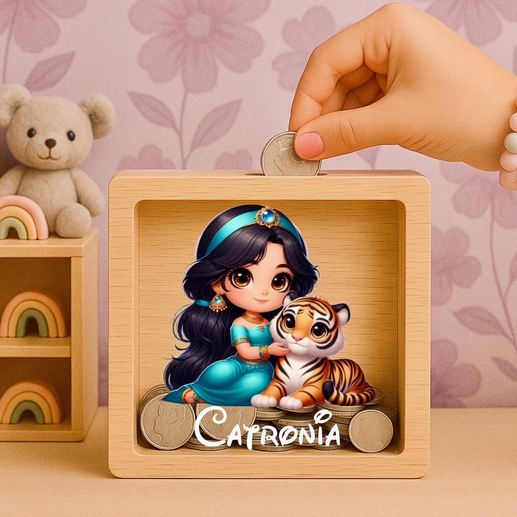 Personalized Princess Jasmine Wooden Piggy Bank – Engraved Oak Keepsake