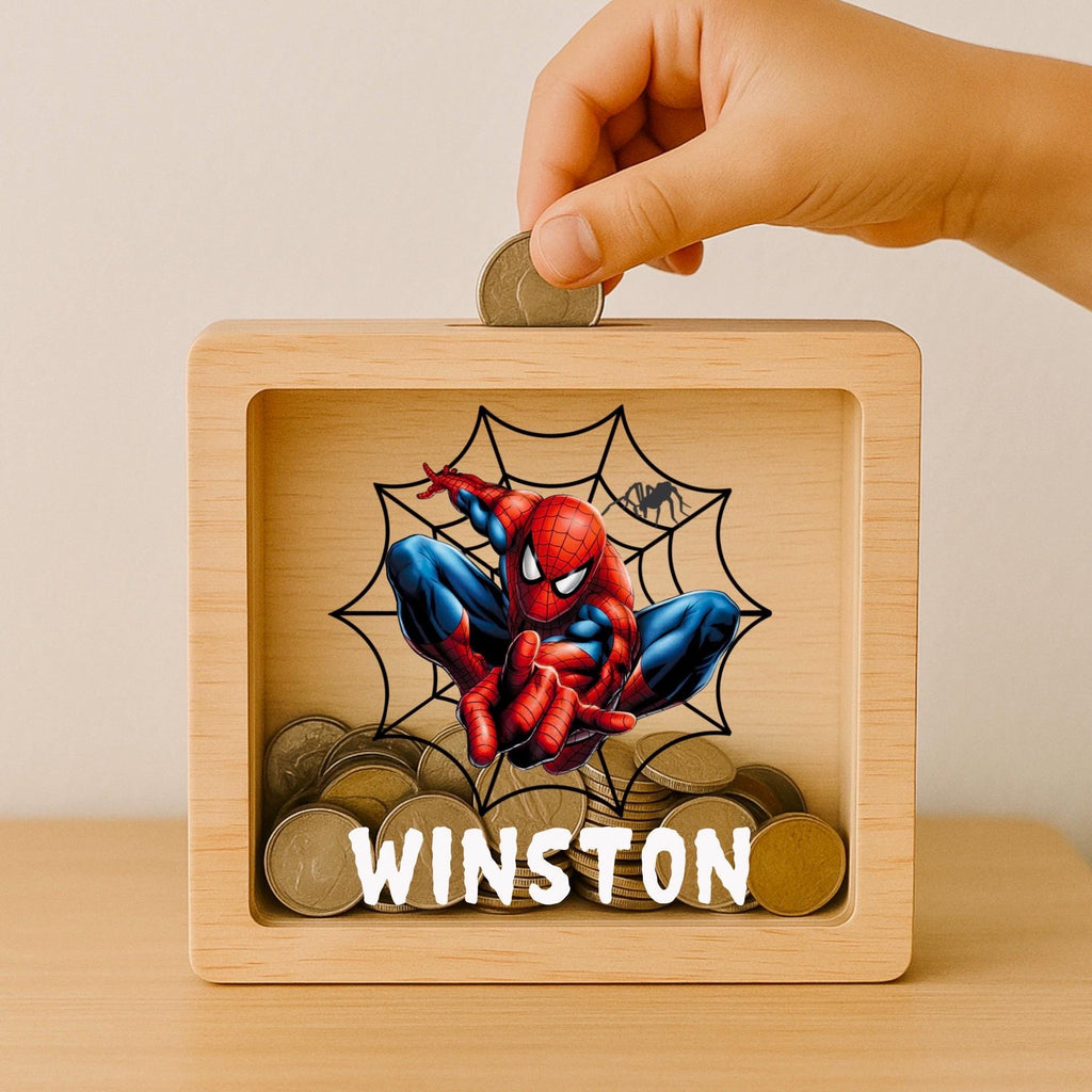 Personalized Spiderman Oak Money Box: Engraved Superhero Piggy Bank