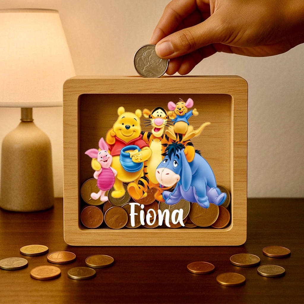 Personalized Winnie the Pooh Money Box: Engraved Oak Baby Keepsake