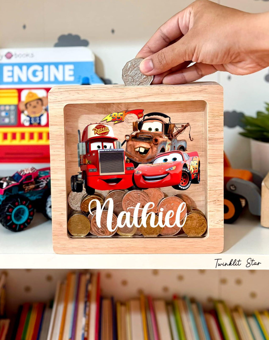 Personalized Cars Wooden Money Box – Engraved Oak Piggy Bank