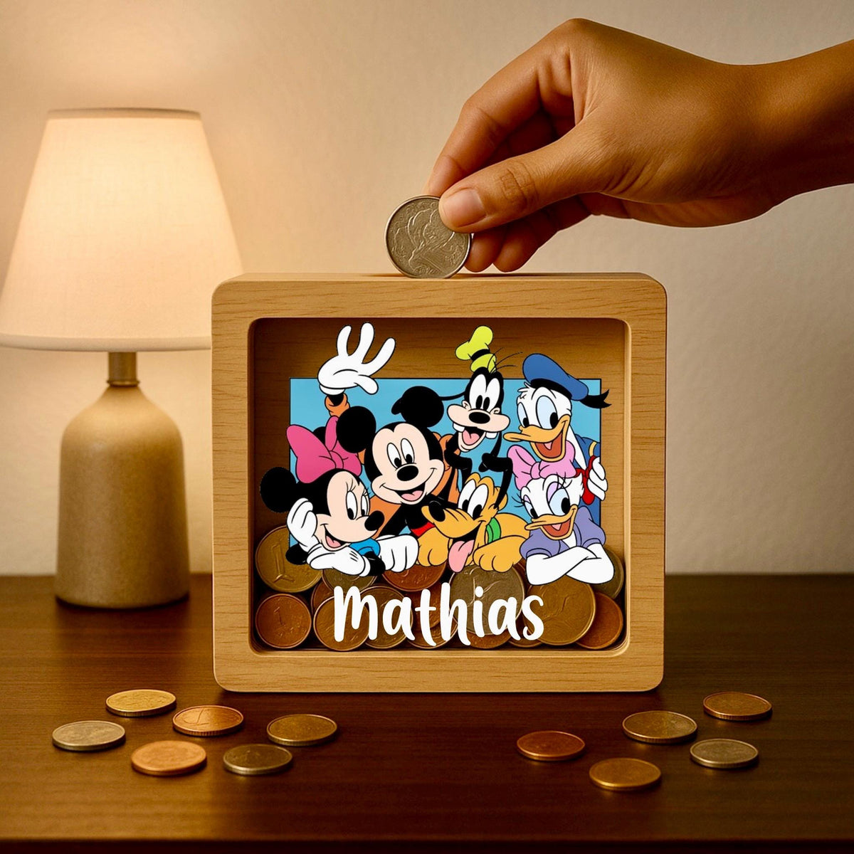 Personalized Mickey Mouse & Friends Money Box – Engraved Oak Piggy Bank
