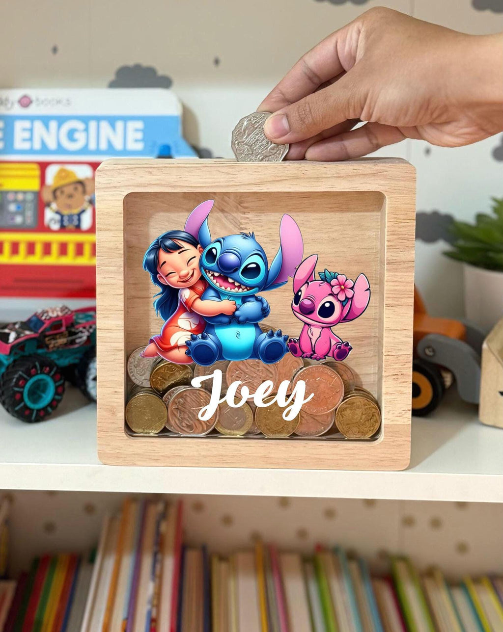Personalized Lilo & Stitch Wooden Money Box – Engraved Oak Piggy Bank