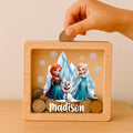 Personalized Frozen Money Box - Engraved Oak Piggy Bank, Kids Keepsake