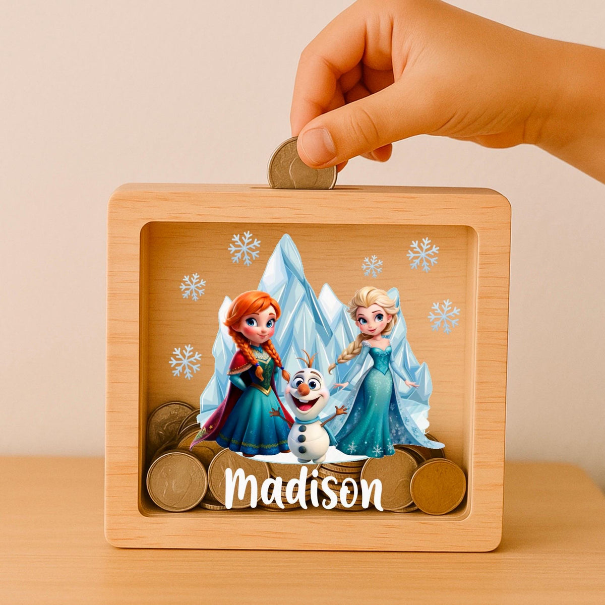 Personalized Frozen Money Box - Engraved Oak Piggy Bank, Kids Keepsake