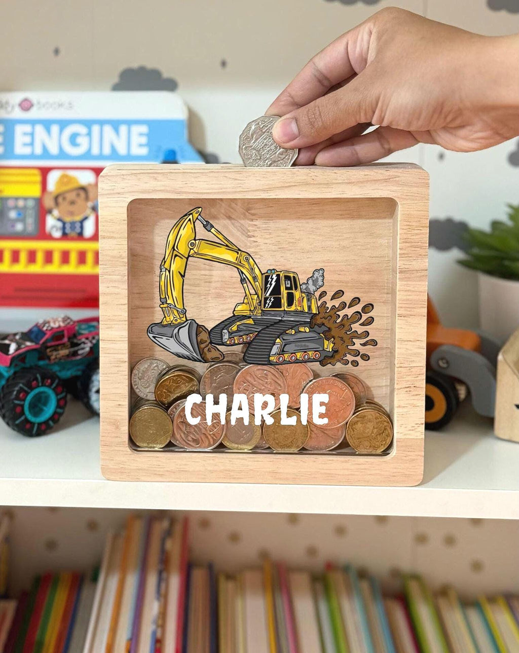 Personalized Digger Money Box: Engraved Wooden Piggy Bank, Kids Gift
