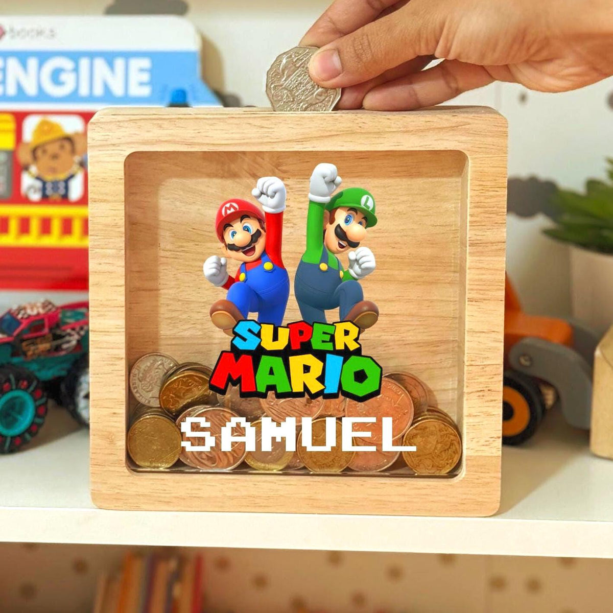 Personalized Mario Game Oak Money Box – Engraved Kids Piggy Bank