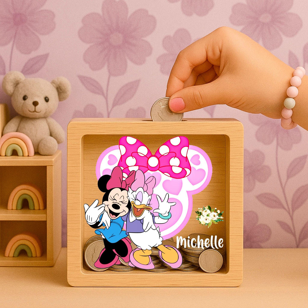Personalized Minnie & Daisy Oak Money Box – Engraved Keepsake