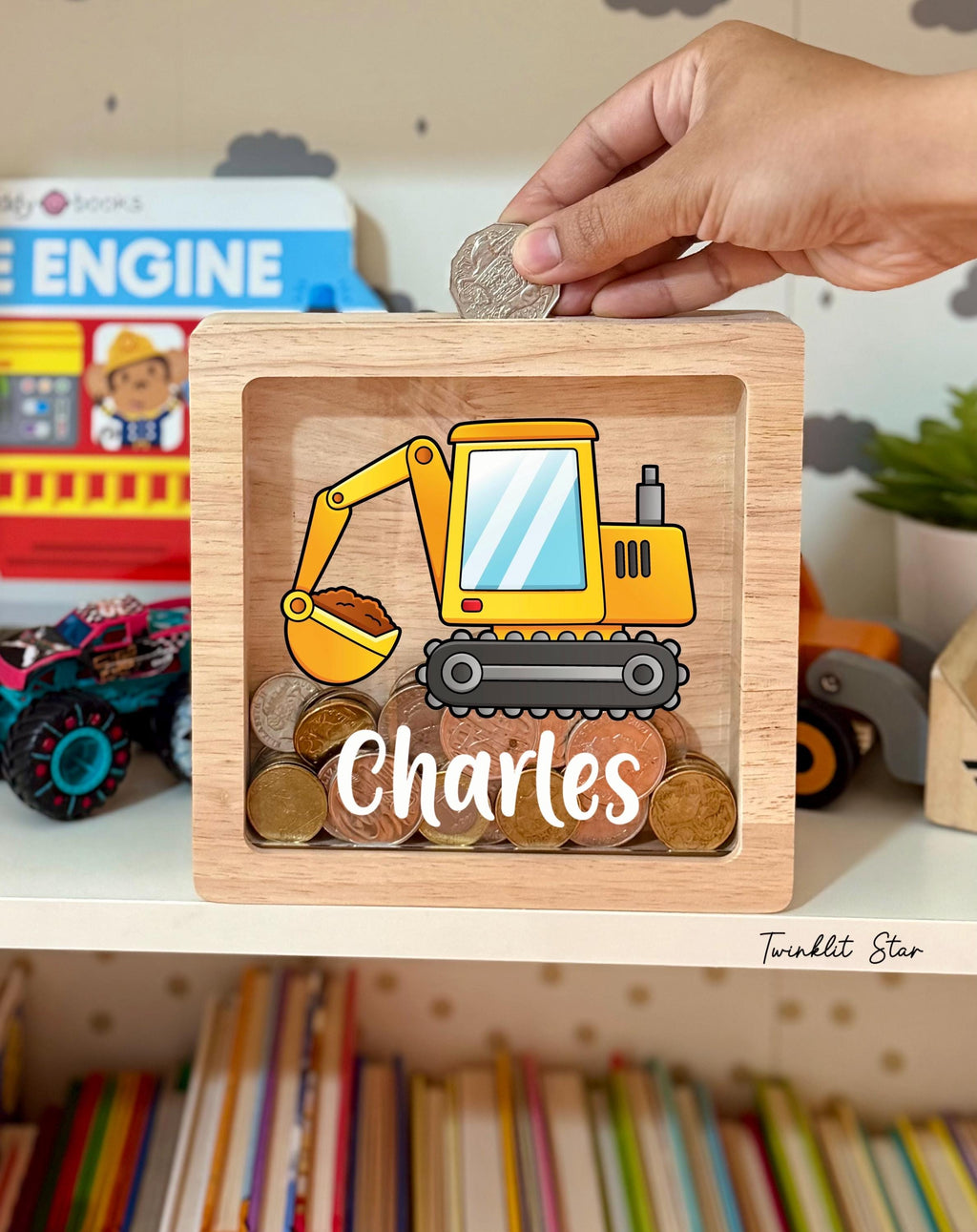 Personalized Wooden Digger Money Box: Engraved Oak Piggy Bank, Kids Gift