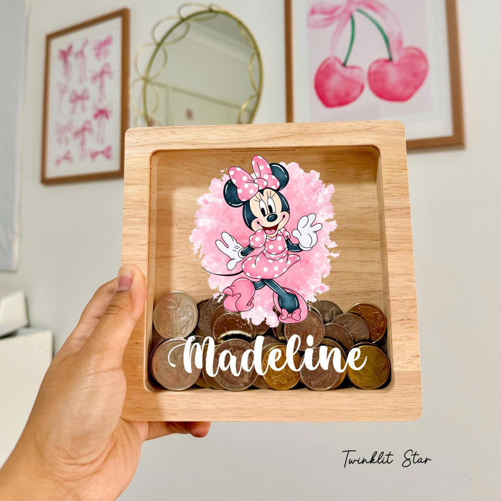 Personalized Minnie Mouse Piggy Bank – Engraved Oak Kids Gift