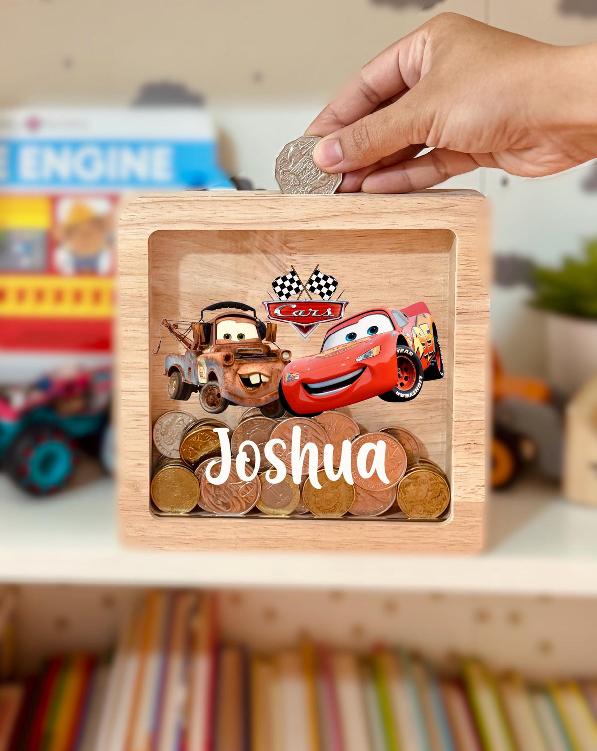 Personalized Cars Money Box – Engraved Oak Piggy Bank, Christmas Gift
