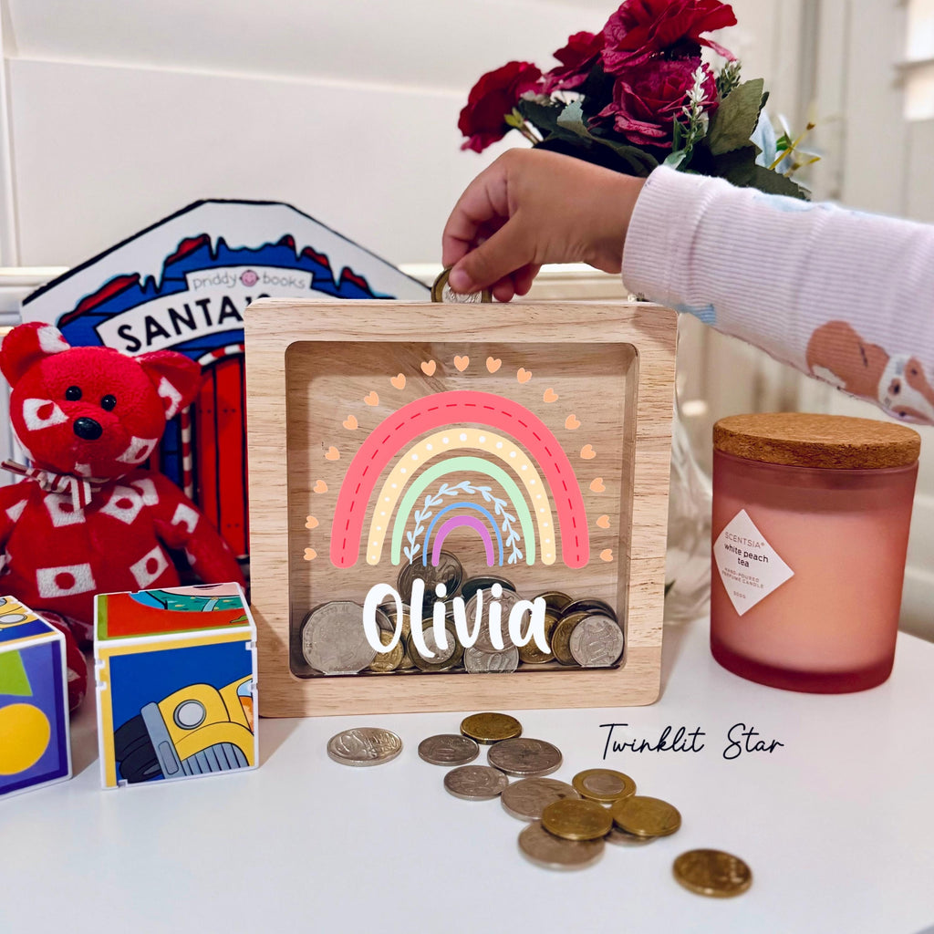 Personalized Boho Rainbow Piggy Bank - Engraved Wooden Money Box