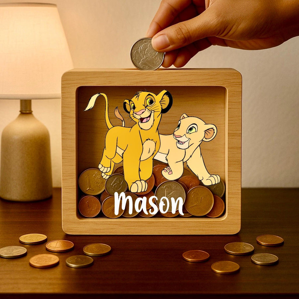 Personalized Lion King Oak Money Box: Custom Engraved Keepsake