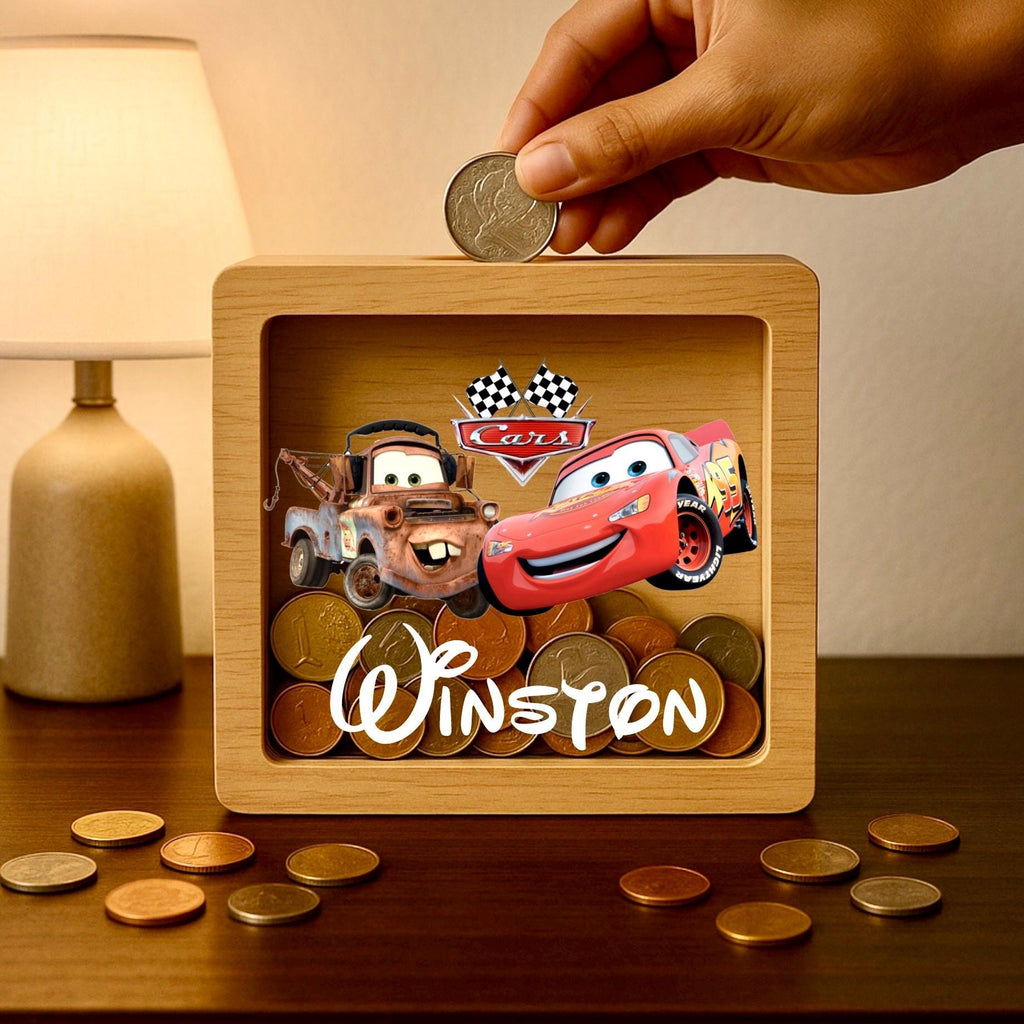 Personalized Cars Money Box – Engraved Oak Piggy Bank, Christmas Gift