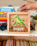 Personalized Dino Money Box: Engraved Oak Baby Keepsake