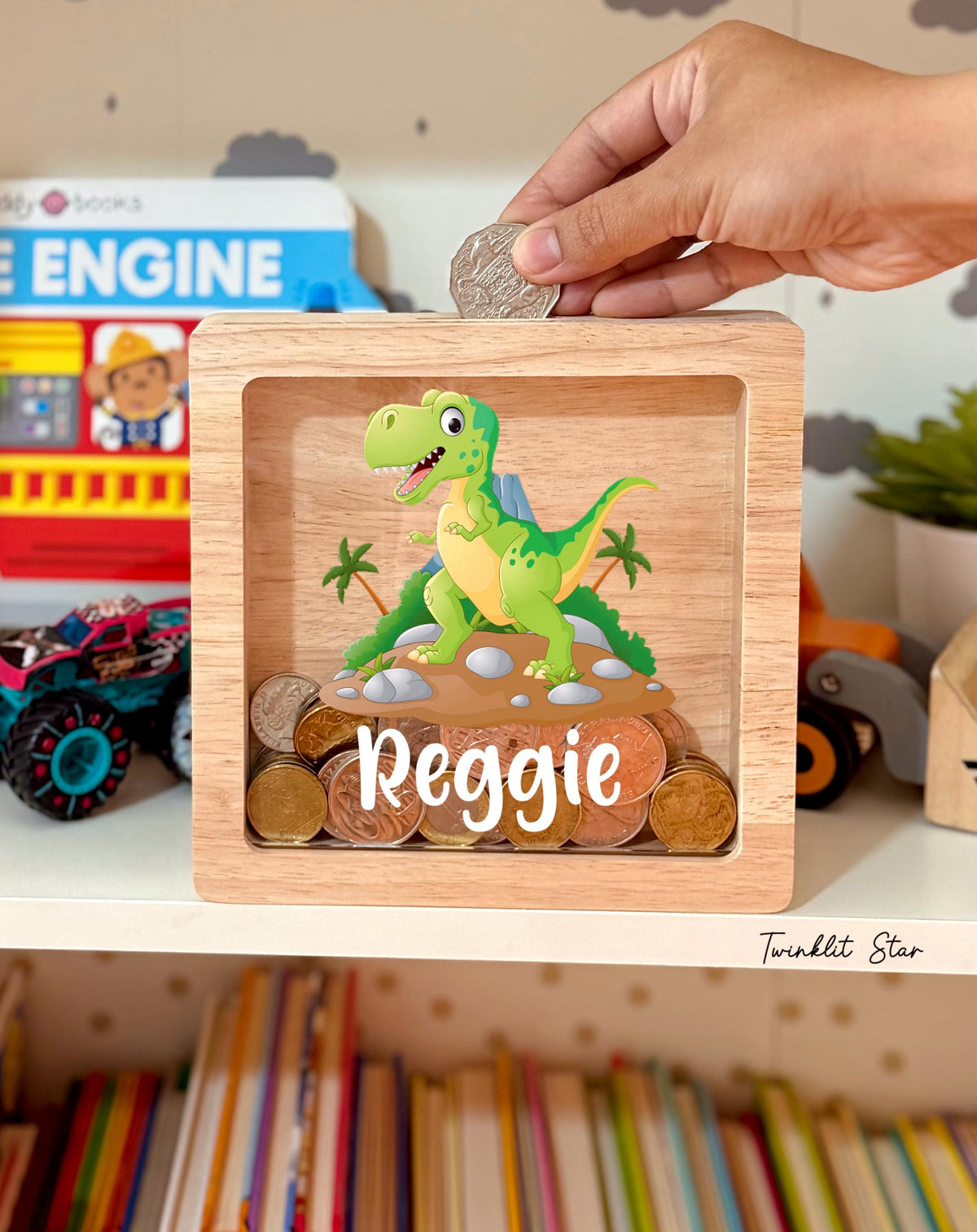 Personalized Dino Money Box: Engraved Oak Baby Keepsake