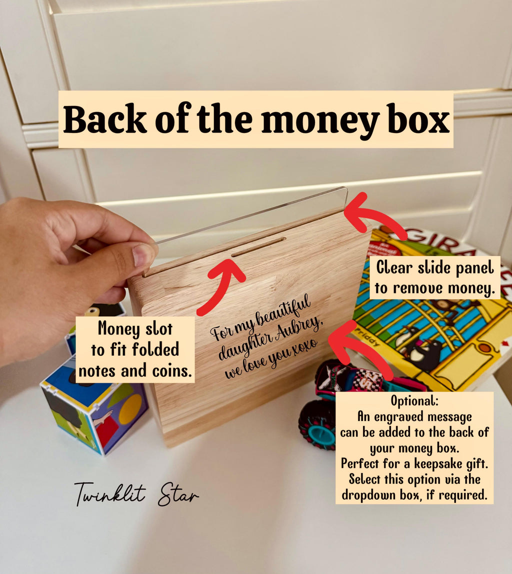 Personalized Dino Money Box: Engraved Oak Baby Keepsake