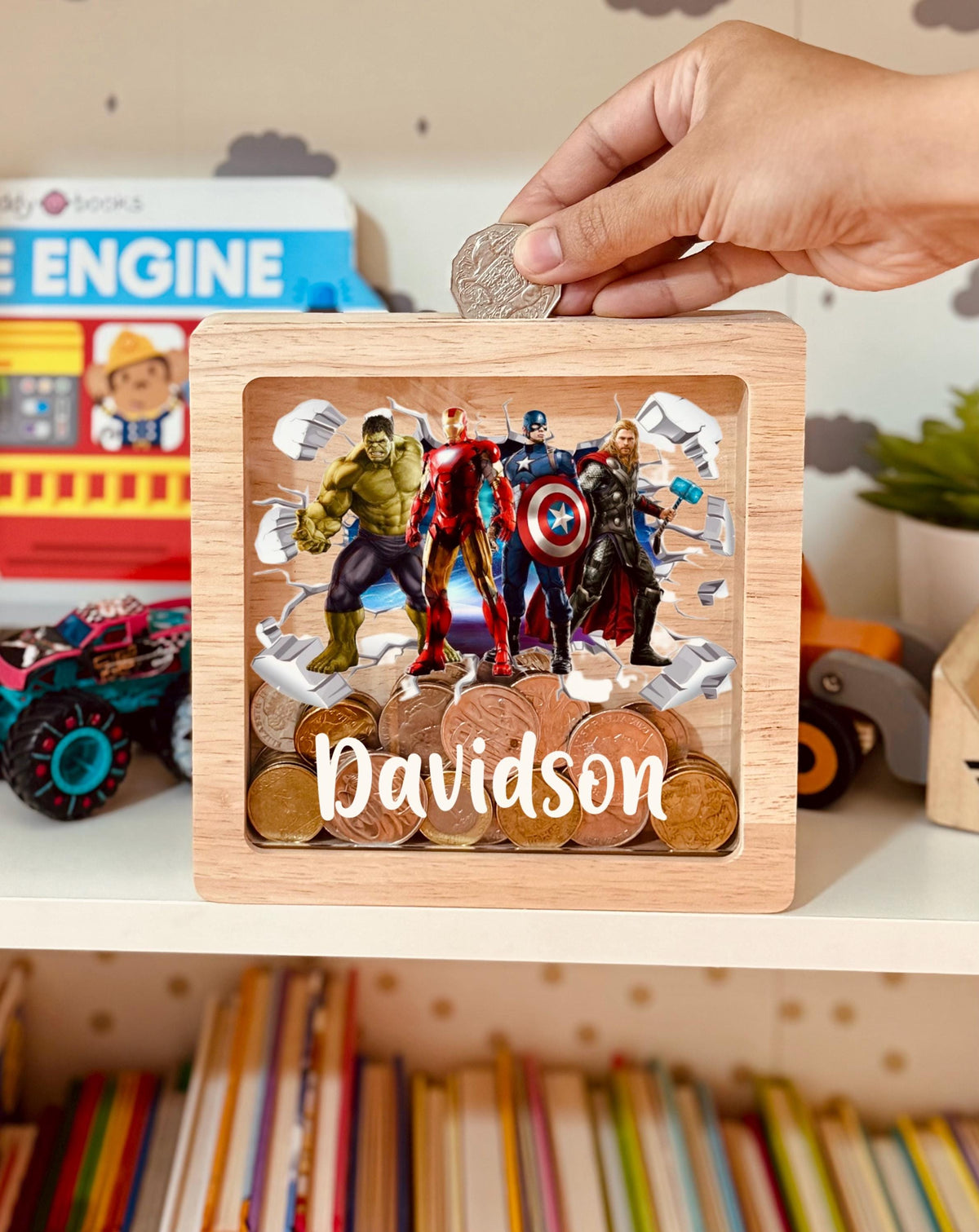 Personalized Superhero Oak Money Box – Engraved Kids Piggy Bank