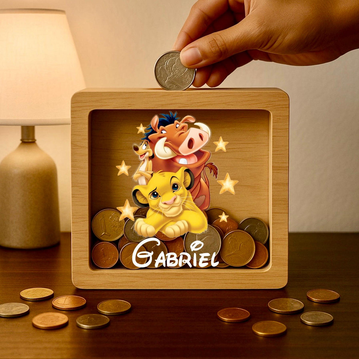 Personalized Lion King Money Box: Engraved Oak Baby Keepsake
