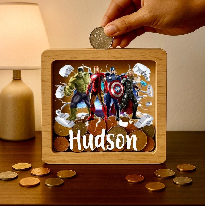 Personalized Superhero Oak Money Box