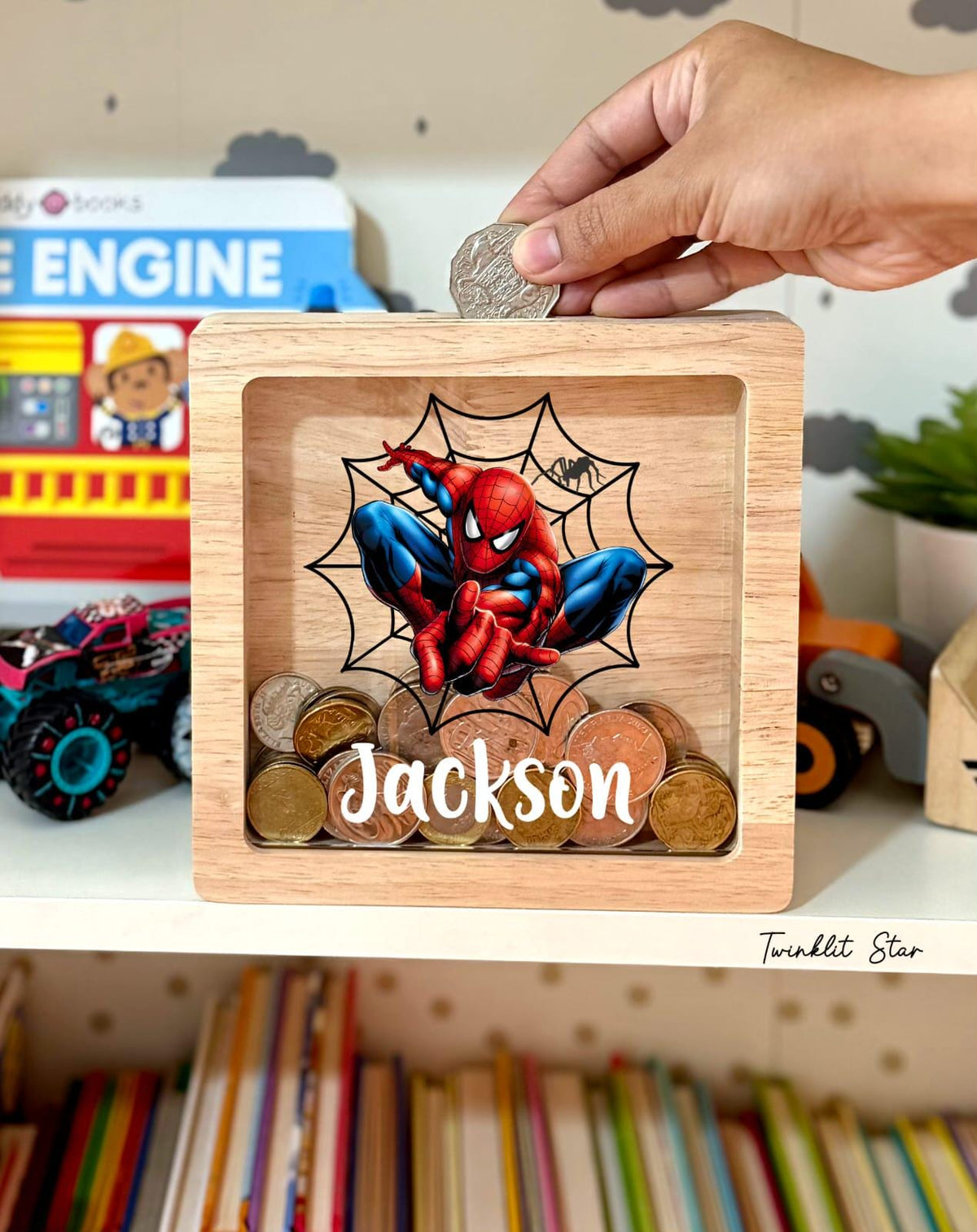 Personalized Spiderman Oak Money Box: Engraved Superhero Piggy Bank