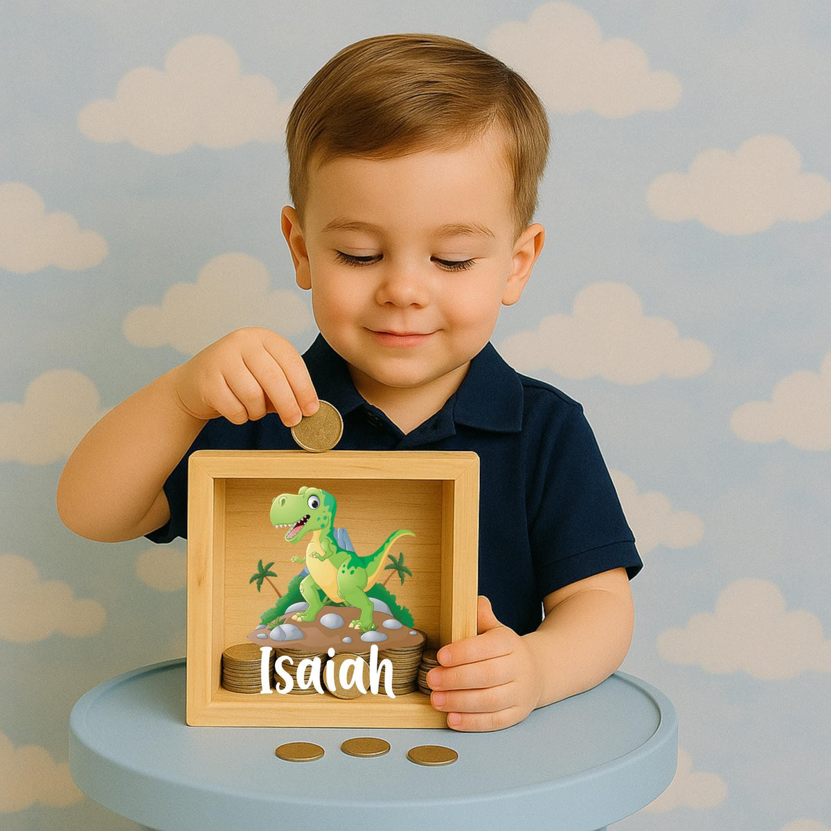 Personalized Dino Money Box: Engraved Oak Baby Keepsake
