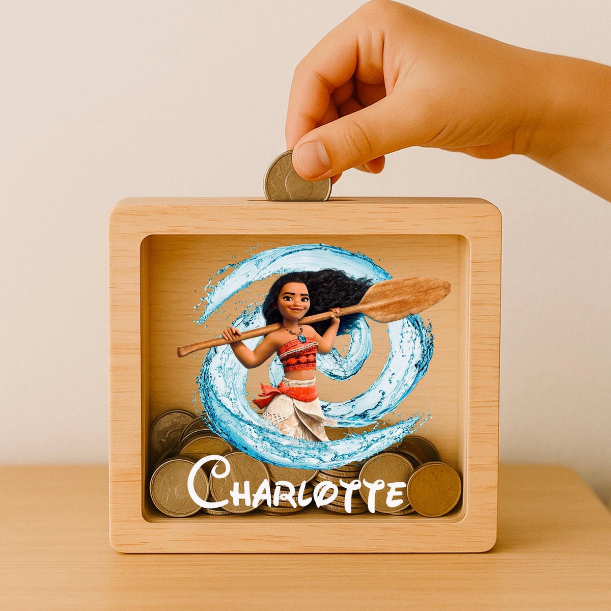 Personalized Moana Piggy Bank – Engraved Oak Money Box, Kids Keepsake