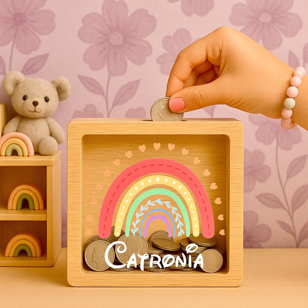 Personalized Boho Rainbow Piggy Bank - Engraved Wooden Money Box