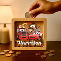 Personalized Cars Wooden Money Box – Engraved Oak Piggy Bank