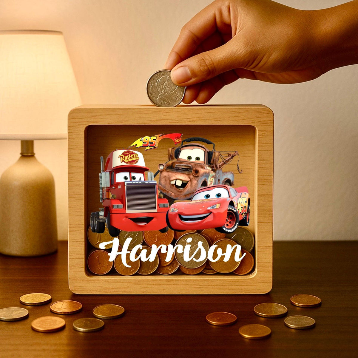 Personalized Cars Wooden Money Box – Engraved Oak Piggy Bank