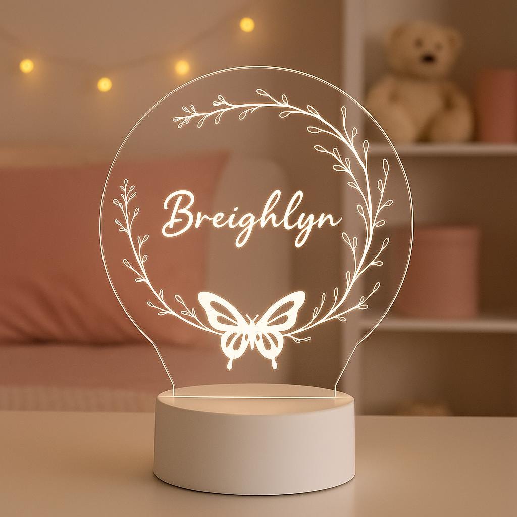Personalized Butterfly Night Light: Flower Wreath LED Lamp