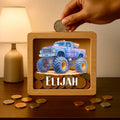 Personalized Monster Truck Money Box: Custom Engraved Wooden Piggy Bank