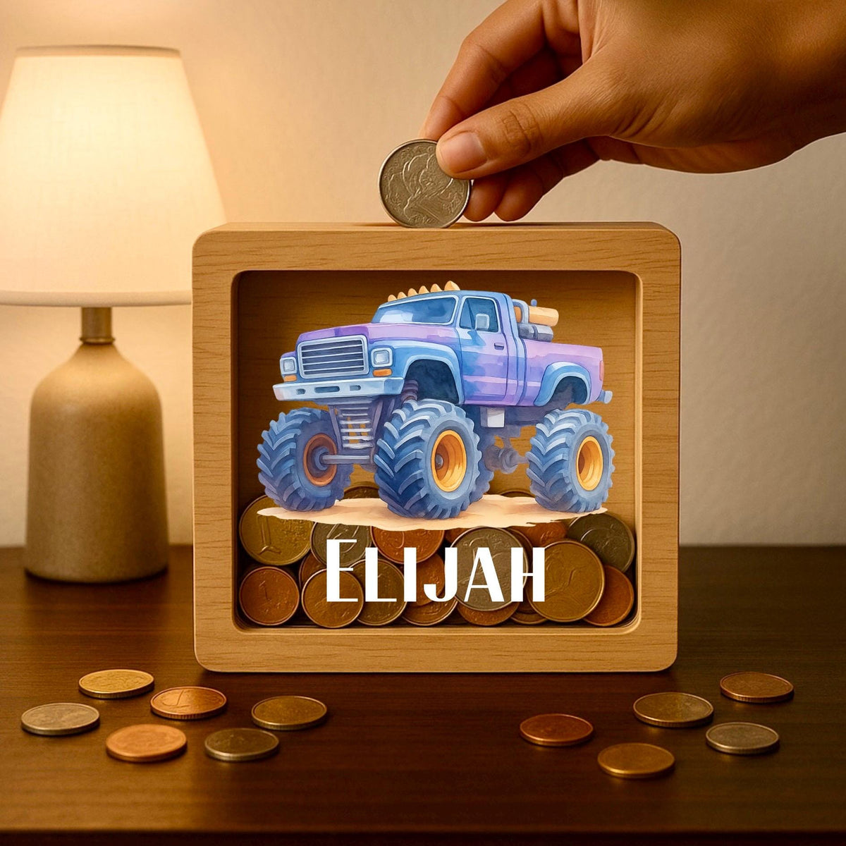 Personalized Monster Truck Money Box: Custom Engraved Wooden Piggy Bank