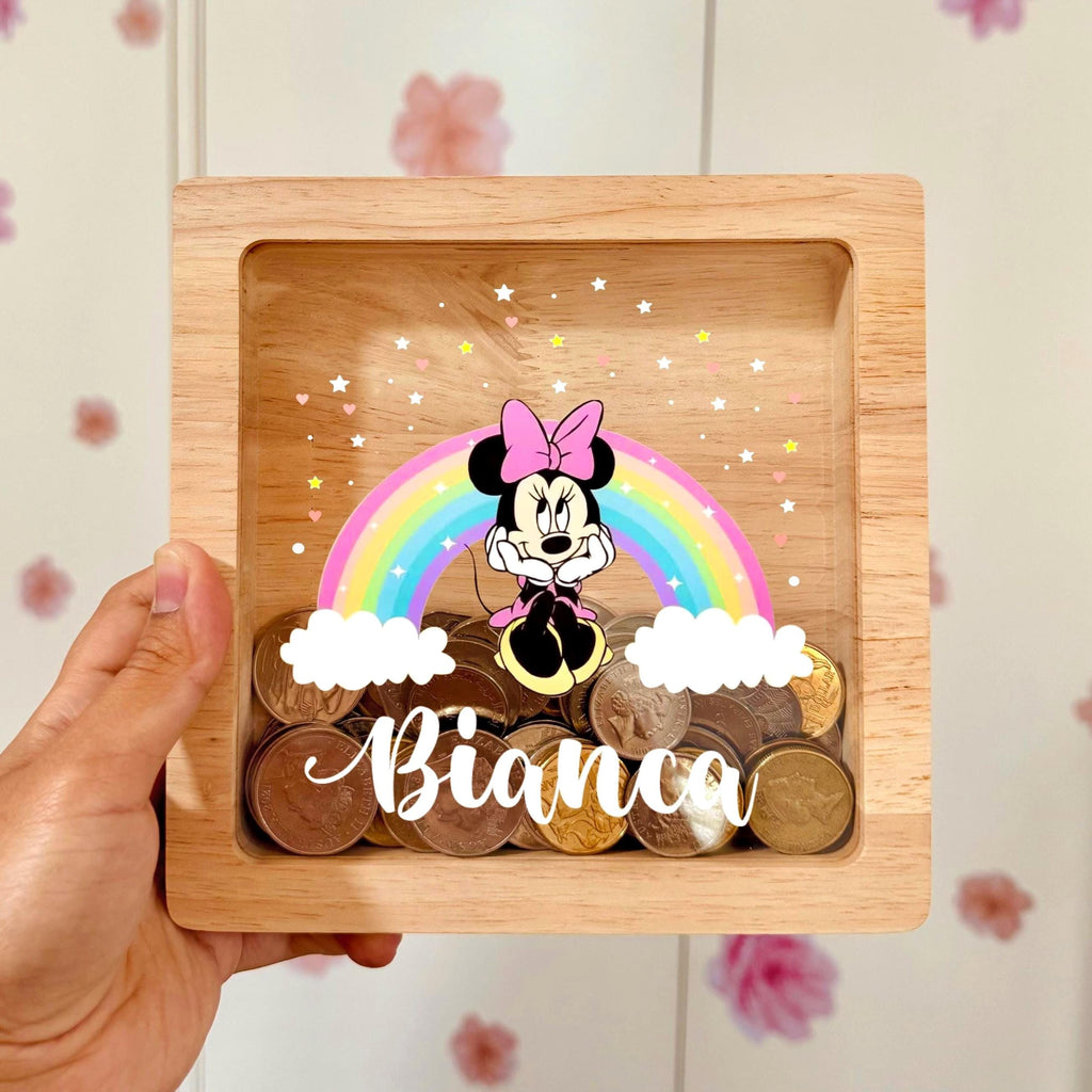 Personalized Minnie Mouse Money Box – Engraved Wooden Piggy Bank, Kids Keepsake