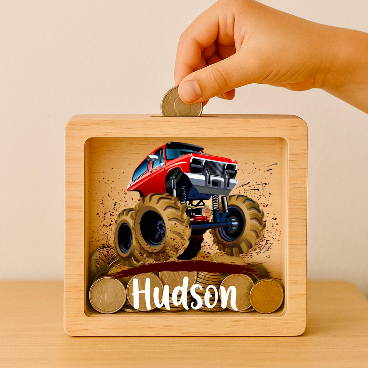 Personalized Monster Truck Wooden Piggy Bank: Engraved Oak Keepsake