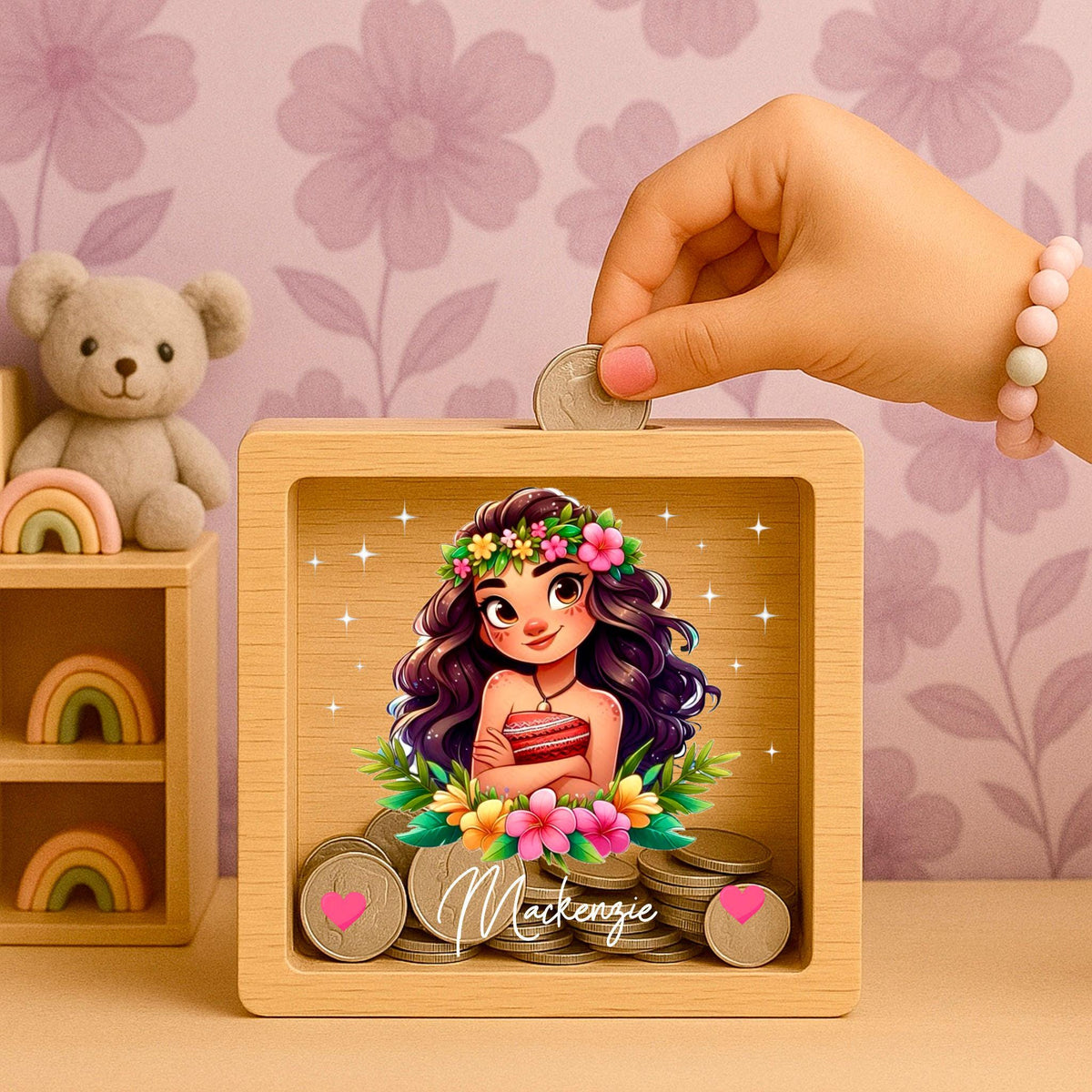 Personalized Oak Piggy Bank: Engraved Wooden Money Box, Baby Keepsake