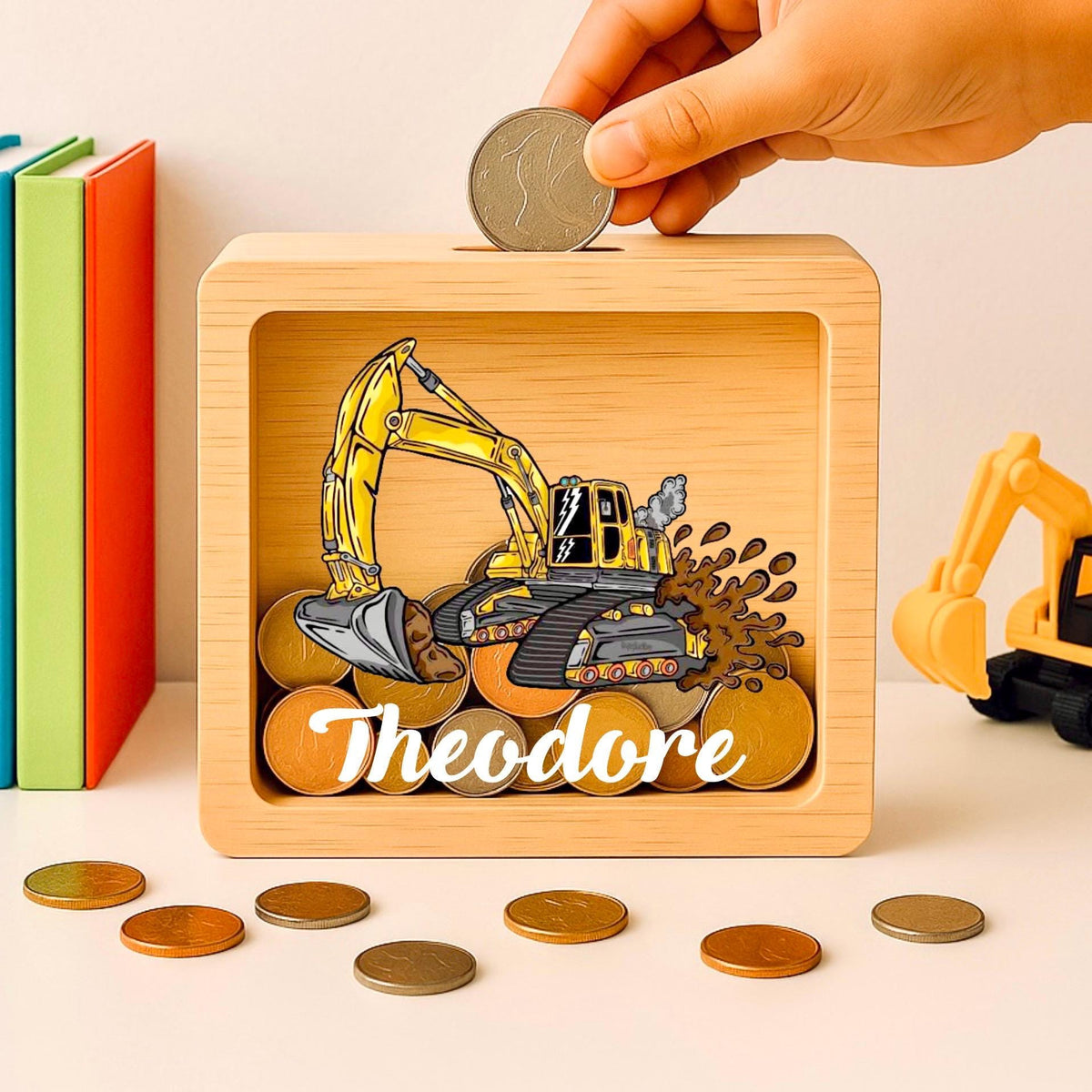 Personalized Digger Money Box: Engraved Wooden Piggy Bank, Kids Gift