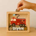 Personalized Fire Engine Money Box: Custom Engraved Wooden Piggy Bank