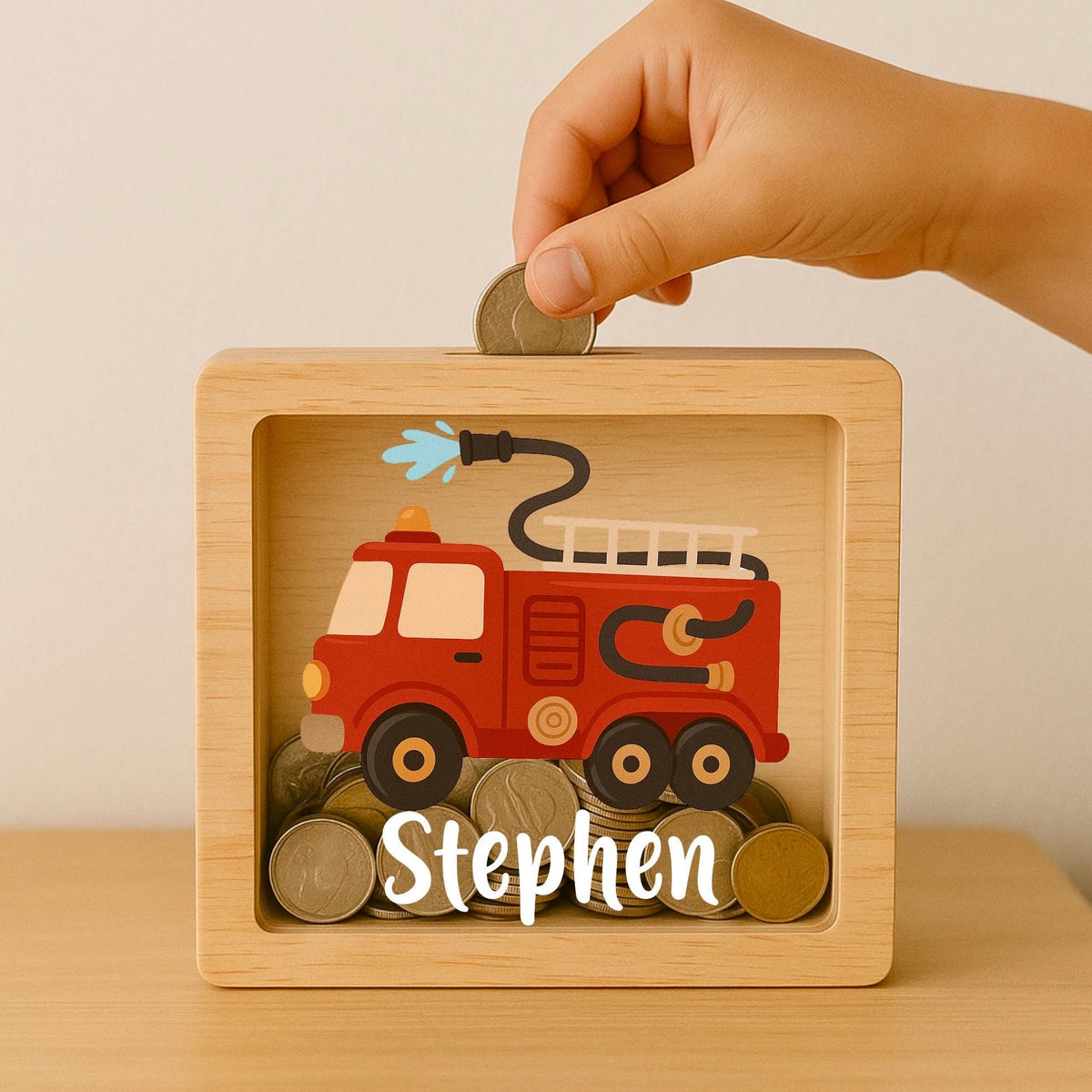 Personalized Fire Engine Money Box: Custom Engraved Wooden Piggy Bank