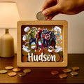 Personalized Superhero Oak Money Box – Engraved Kids Piggy Bank