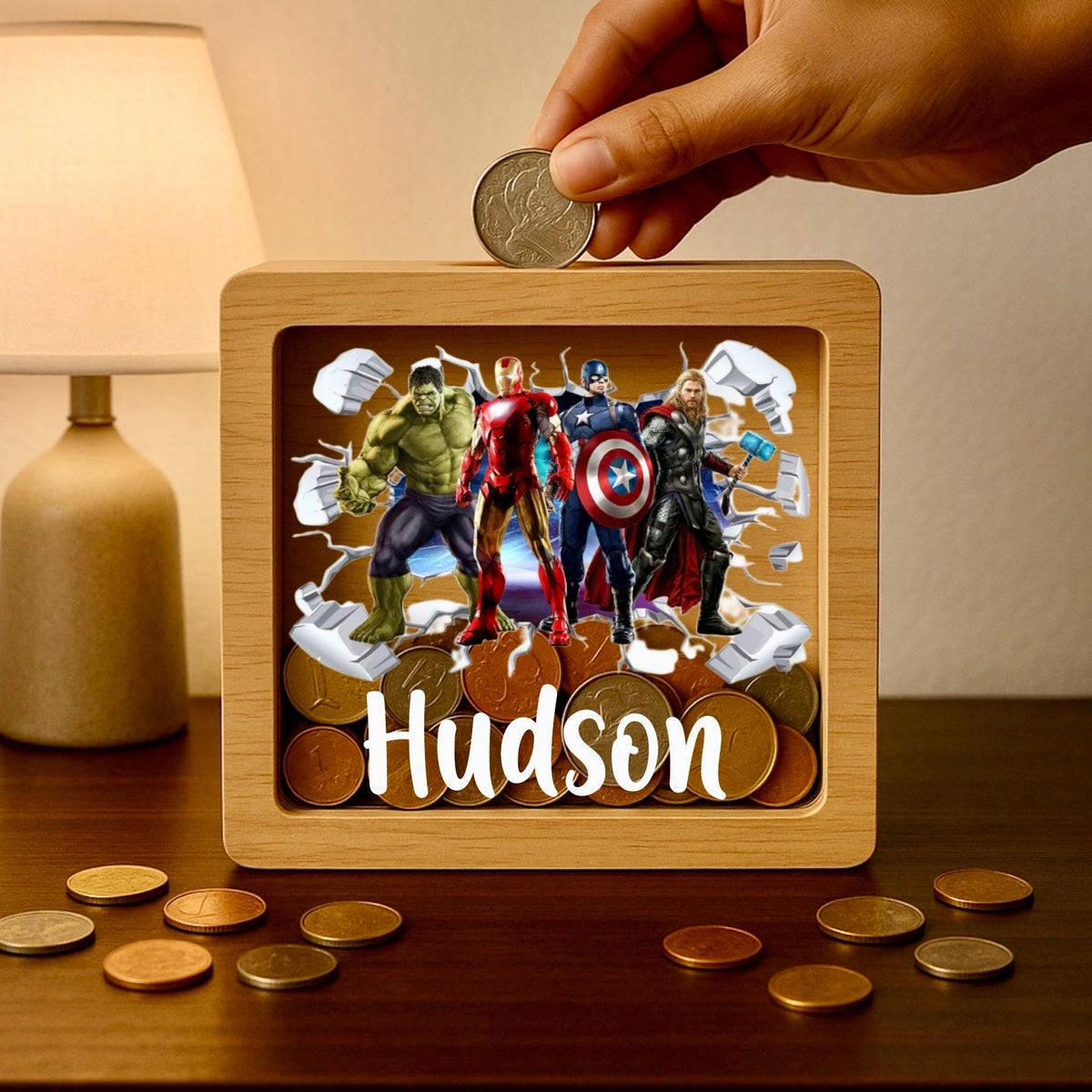 Personalized Superhero Oak Money Box – Engraved Kids Piggy Bank