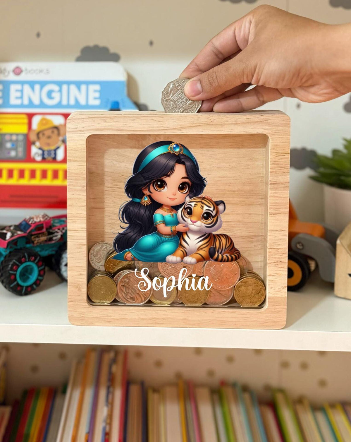 Personalized Princess Jasmine Wooden Piggy Bank – Engraved Oak Keepsake