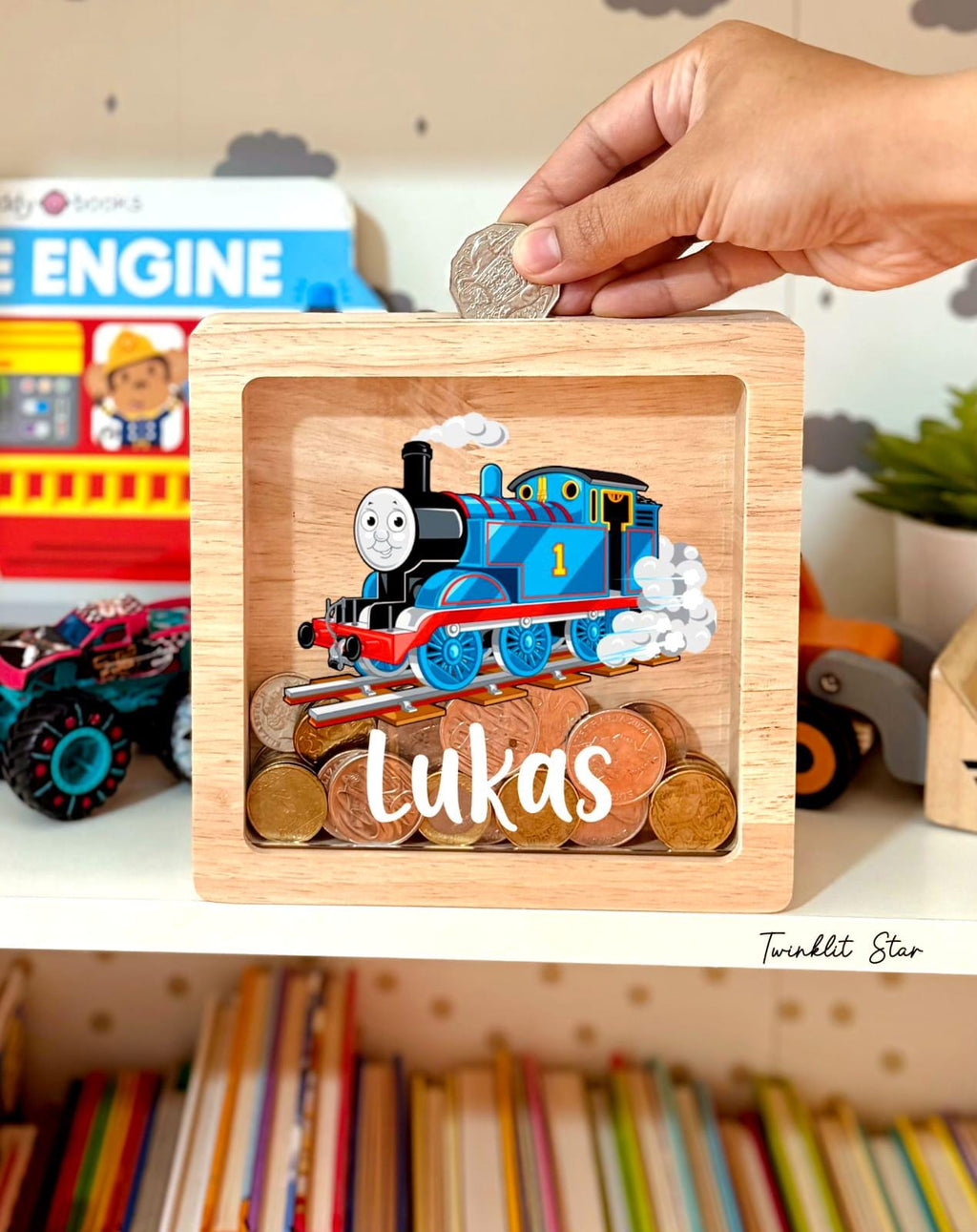 Personalized Thomas Train Wooden Money Box – Engraved Kids Piggy Bank