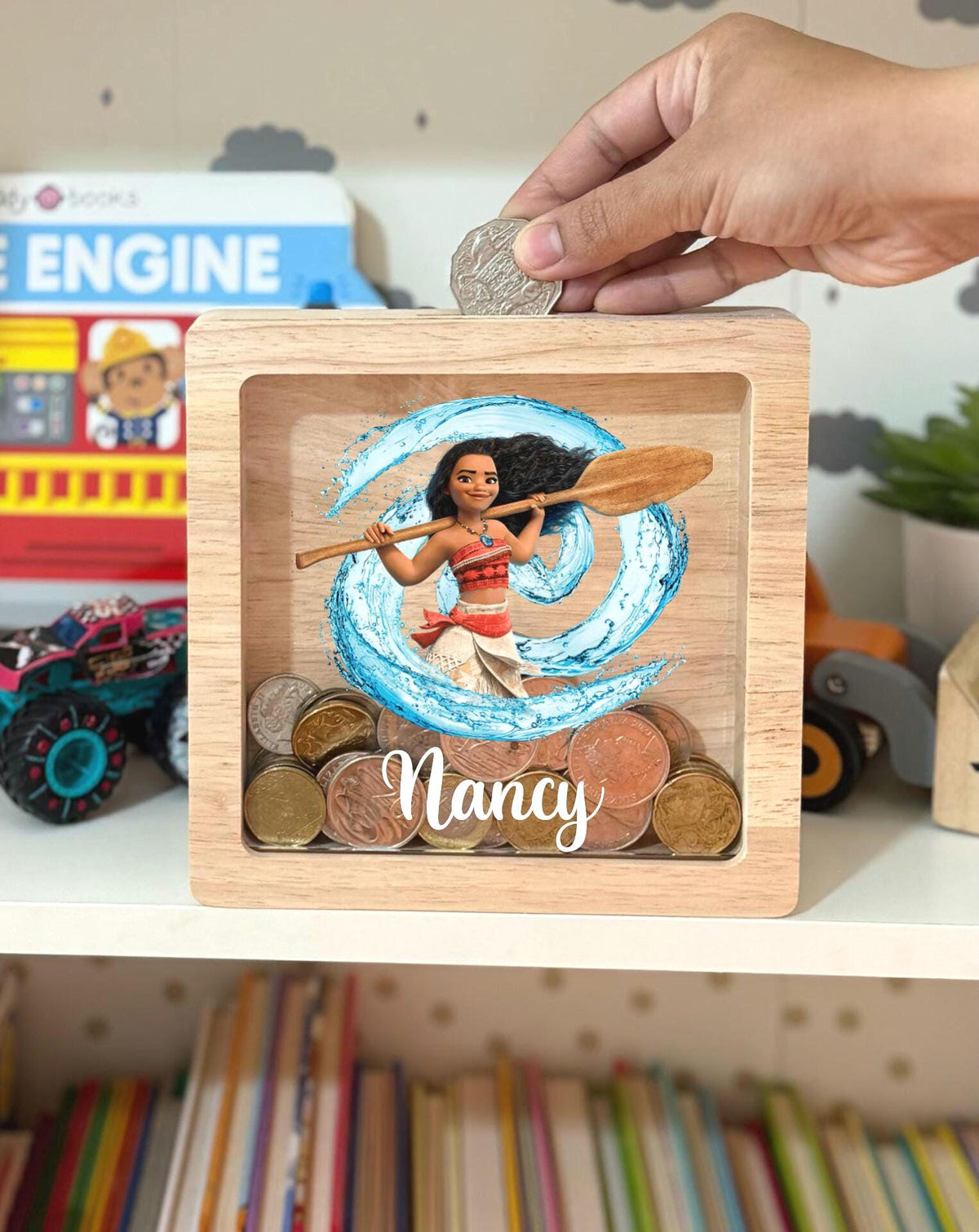 Personalized Moana Piggy Bank – Engraved Oak Money Box, Kids Keepsake