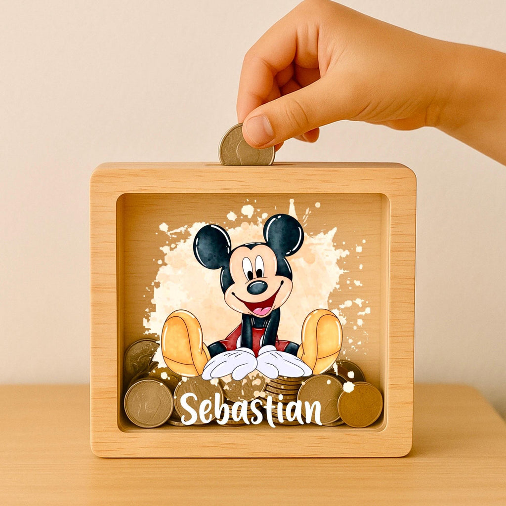 Personalized Mickey Mouse Piggy Bank – Engraved Oak Money Box