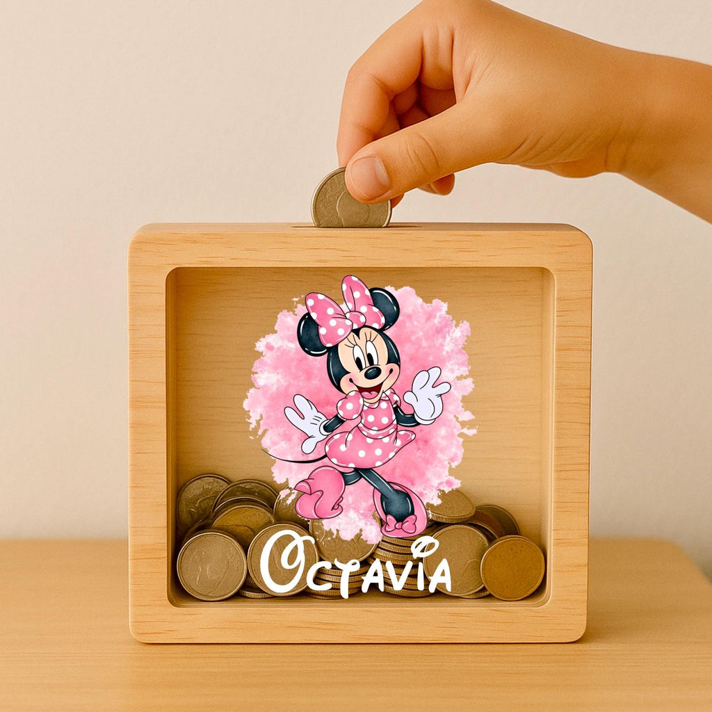Personalized Minnie Mouse Piggy Bank – Engraved Oak Kids Gift